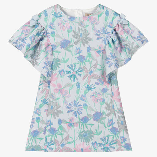Hucklebones London-Голубое платье-трапеция с цветами | Childrensalon Outlet