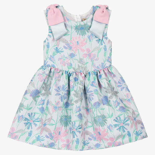 Hucklebones London-Голубое жаккардовое платье с цветочным узором | Childrensalon Outlet