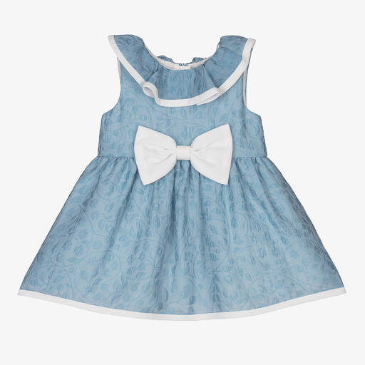 Hucklebones London-فستان أطفال بناتي جاكارد لون أزرق وأبيض | Childrensalon Outlet