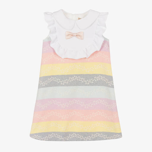 Hucklebones London-فستان جاكارد مقلم لون زهري وأصفر بطبعة ورود | Childrensalon Outlet