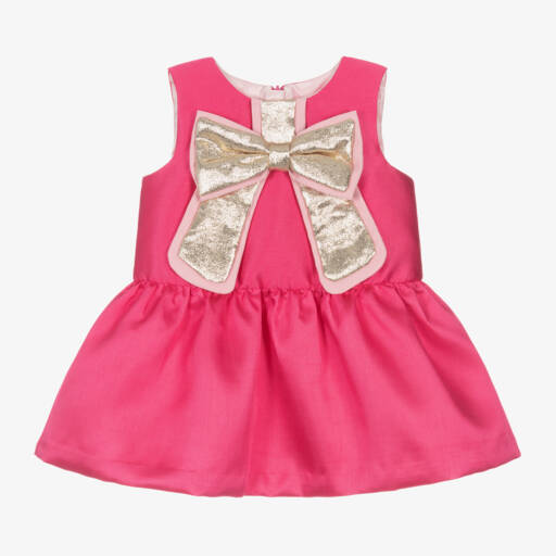 Hucklebones London-Girls' Fuchsia Satin Dress with Bow | Childrensalon Outlet