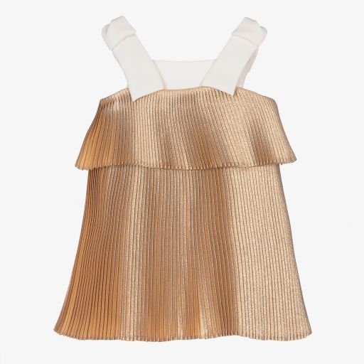 Hucklebones London-Girls Gold Pleated Dress  | Childrensalon Outlet