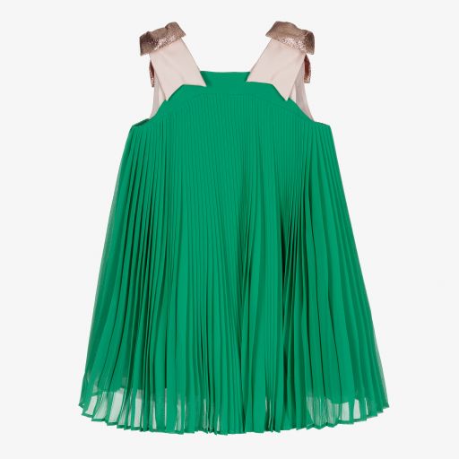 Hucklebones London-Girls Green Pleated Dress  | Childrensalon Outlet