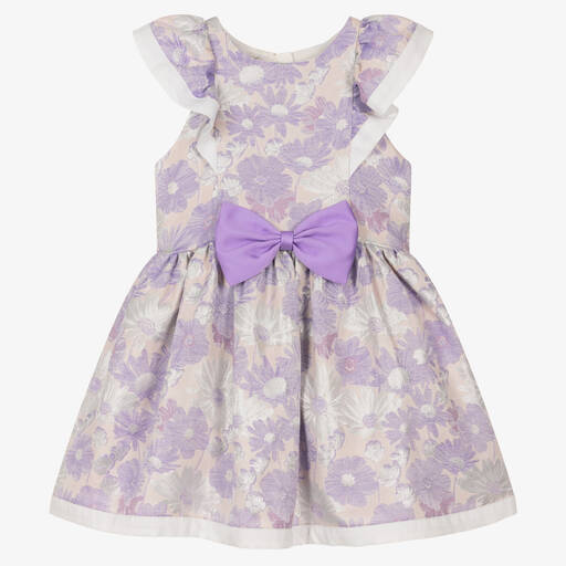 Hucklebones London-فستان مزيج قطن جاكارد لون بنفسجي بطبعة ورود | Childrensalon Outlet