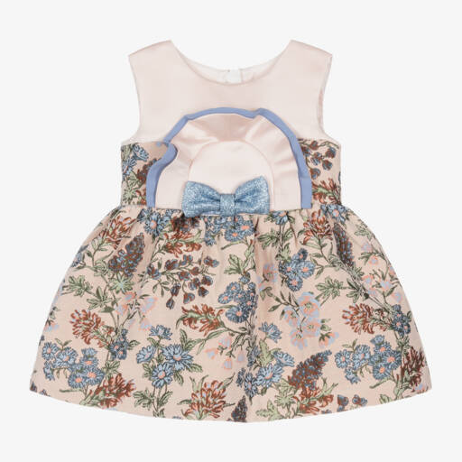 Hucklebones London-Girls' Pink Floral Brocade Dress with Bow | Childrensalon Outlet