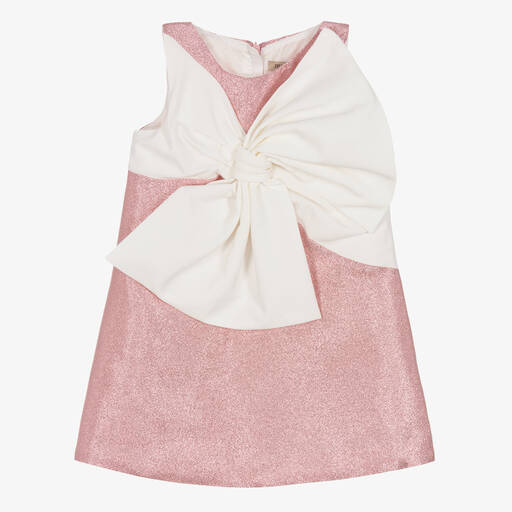 Hucklebones London-فستان مزين بفيونكة مزيج قطن لون زهري | Childrensalon Outlet