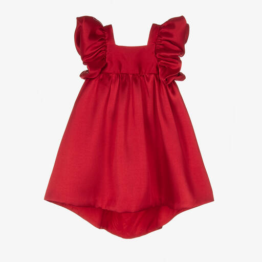 Hucklebones London-Girls Red Satin Ruffle Sleeve Dress | Childrensalon Outlet