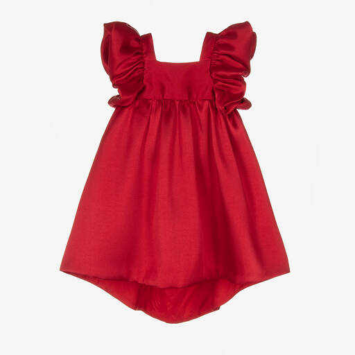 Hucklebones London-فستان ساتان تويل لون أحمر مزين بكشكش | Childrensalon Outlet
