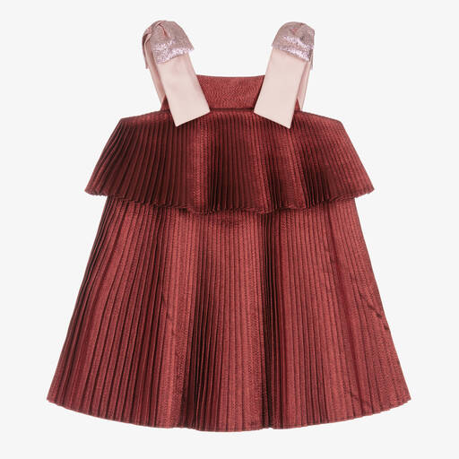 Hucklebones London-فستان بكسرات لون أحمر متاليك | Childrensalon Outlet