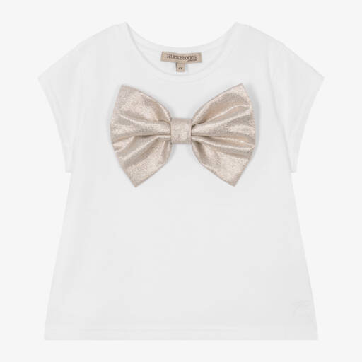 Hucklebones London-Мягкая белая футболка с золотым бантом для девочек | Childrensalon Outlet