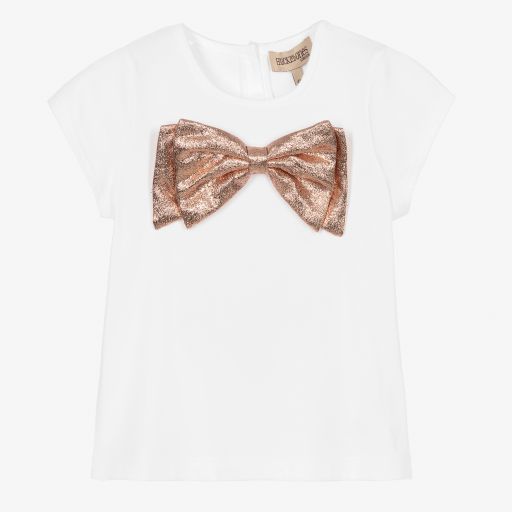 Hucklebones London-Белая футболка с золотистым бантом для девочек | Childrensalon Outlet