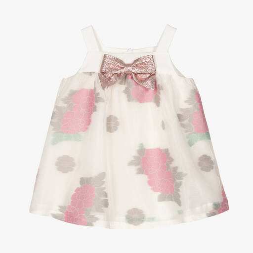 Hucklebones London-فستان أورغانزا لون أبيض وزهري بطبعة ورود | Childrensalon Outlet
