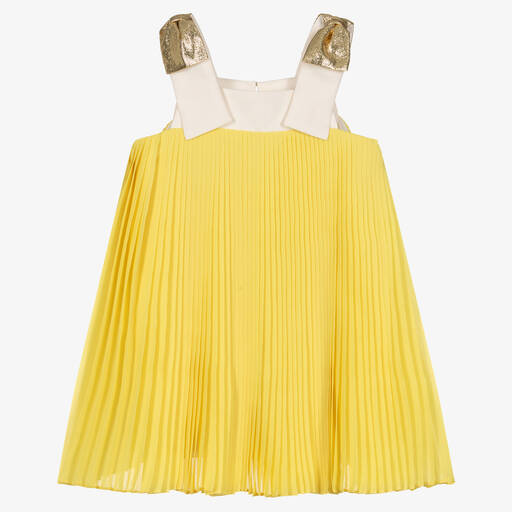 Hucklebones London-Girls Yellow Pleated Chiffon Dress | Childrensalon Outlet