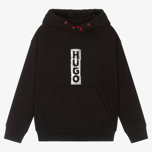 HUGO-Black Cotton Jersey Hoodie | Childrensalon Outlet
