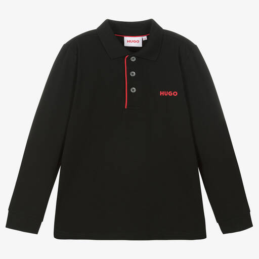 HUGO-Boys Black Cotton Polo Shirt | Childrensalon Outlet