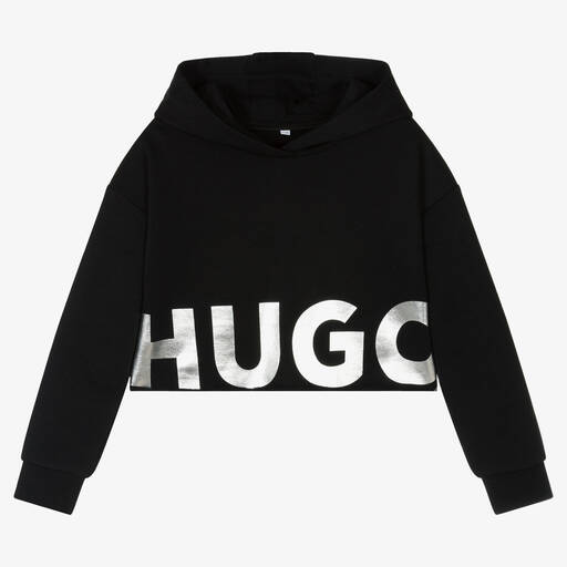 HUGO-Girls Black Cropped Logo Hoodie | Childrensalon Outlet