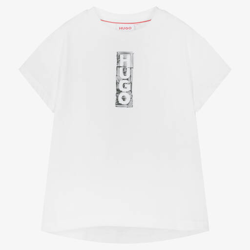 HUGO-Girls White Cotton Jersey T-Shirt | Childrensalon Outlet