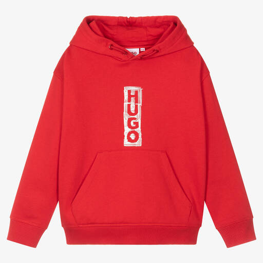 HUGO-Red Cotton Jersey Hoodie | Childrensalon Outlet