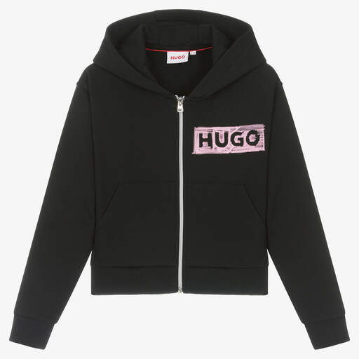 HUGO-Sweat à capuche noir zippé en coton | Childrensalon Outlet