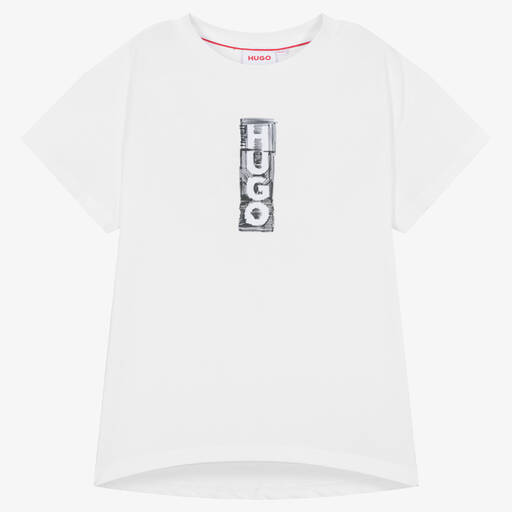 HUGO-T-shirt blanc en coton Ado fille | Childrensalon Outlet