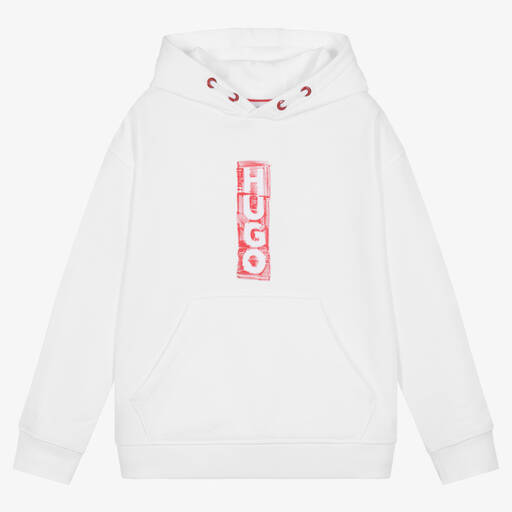 HUGO-White Cotton Jersey Hoodie  | Childrensalon Outlet
