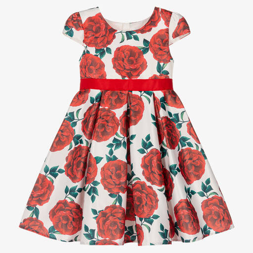 iAMe-Girls White & Red Satin Rose Dress | Childrensalon Outlet