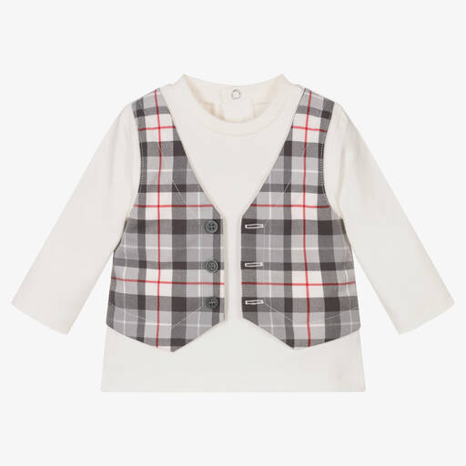 iDO Mini-Baby Boys Ivory & Grey Check Cotton Top | Childrensalon Outlet