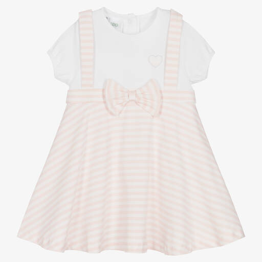 iDO Mini-فستان قطن جيرسي مقلم لون زهري وأبيض للمولودات | Childrensalon Outlet