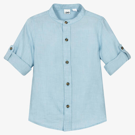 iDO Baby-Boys Blue Collarless Linen Shirt | Childrensalon Outlet