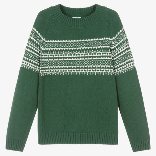 iDO Junior-Grün-weißer Fair-Isle-Strickpullover für Jungen | Childrensalon Outlet