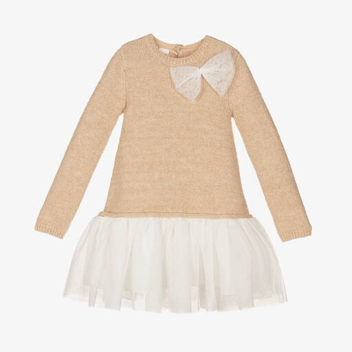 iDO Малыши-Бежевое трикотажное платье с белой юбкой из тюля | Childrensalon Outlet