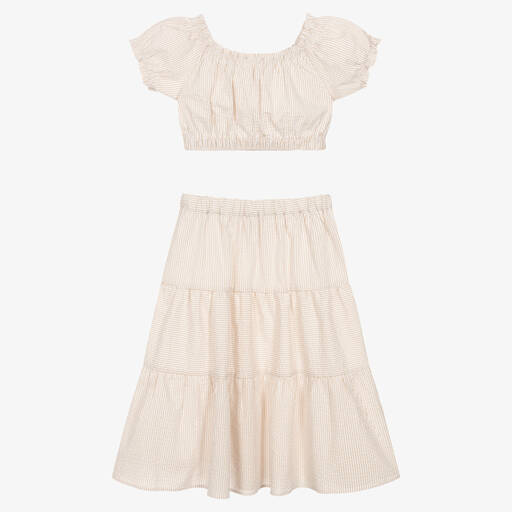 iDO Junior-Girls Beige & White Stripe Cotton Skirt Set | Childrensalon Outlet
