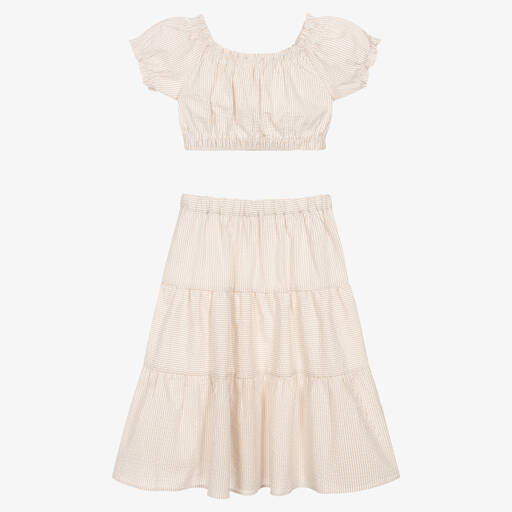 iDO Junior-Girls Beige & White Stripe Cotton Skirt Set | Childrensalon Outlet