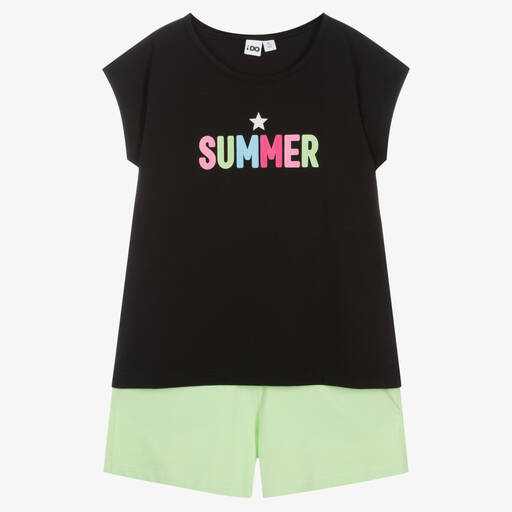 iDO Junior-Girls Black & Green Cotton Shorts Set | Childrensalon Outlet