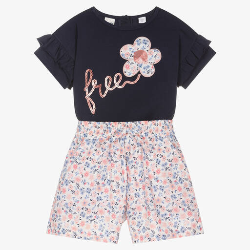 iDO Baby-Girls Blue Floral Cotton Shorts Set | Childrensalon Outlet