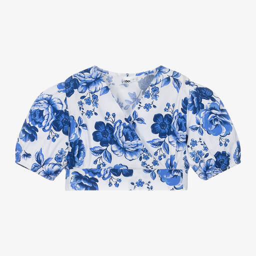 iDO Junior-Girls Blue Floral Cropped Cotton Blouse | Childrensalon Outlet