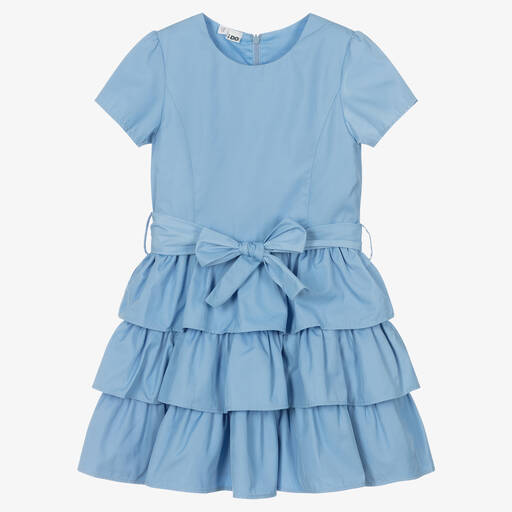 iDO Junior-فستان بحزام مزين بكشكش لون أزرق فاتح | Childrensalon Outlet