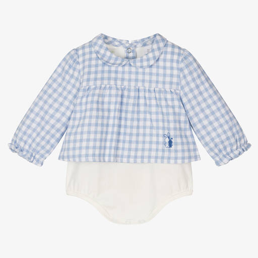 iDO Mini-Girls Blue & White Gingham Cotton Bodysuit | Childrensalon Outlet