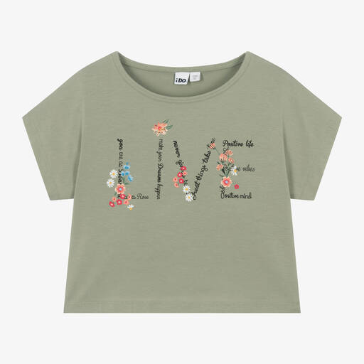 iDO Junior-Girls Green Floral Cotton T-Shirt | Childrensalon Outlet