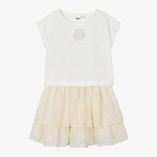 iDO Junior-Girls Ivory Embroidered Cotton Skirt Set | Childrensalon Outlet