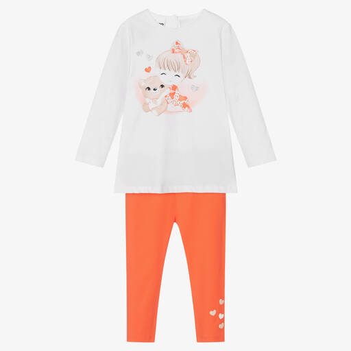 iDO Baby-طقم ليغنغز قطن لون برتقالي وأبيض للبنات | Childrensalon Outlet