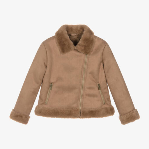 iDO Junior-Girls Tan Fur-Trimmed Aviator Jacket | Childrensalon Outlet