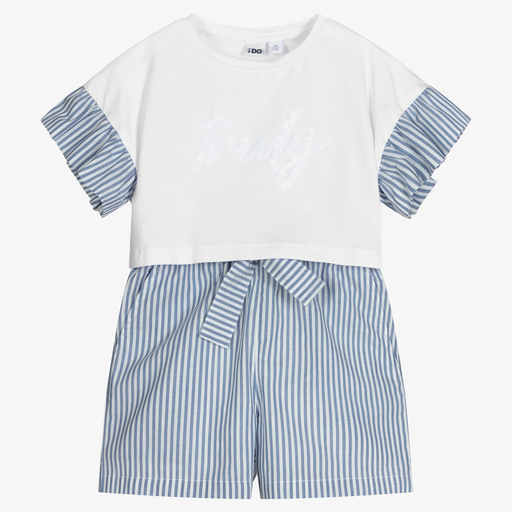 iDO Junior-Girls White & Blue Shorts Set | Childrensalon Outlet
