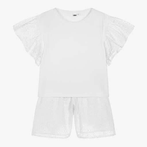 iDO Junior-Girls White Broderie Anglaise Shorts Set | Childrensalon Outlet