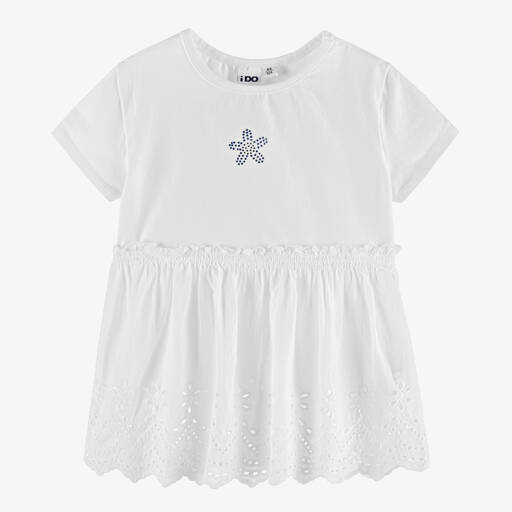 iDO Baby-Girls White Cotton Broderie Anglaise T-Shirt | Childrensalon Outlet