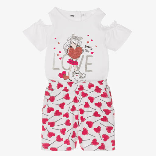 iDO Baby-Girls White Heart Cotton Shorts Set | Childrensalon Outlet