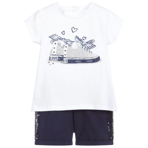 iDO Baby-White & Blue Cotton Shorts Set | Childrensalon Outlet