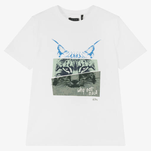 IKKS-Boys White Cat Print T-Shirt | Childrensalon Outlet