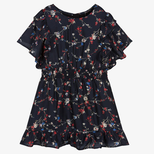 IKKS-Girls Blue Floral Silk Dress | Childrensalon Outlet