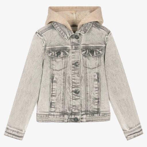 IKKS-Girls Grey Hooded Denim Jacket | Childrensalon Outlet